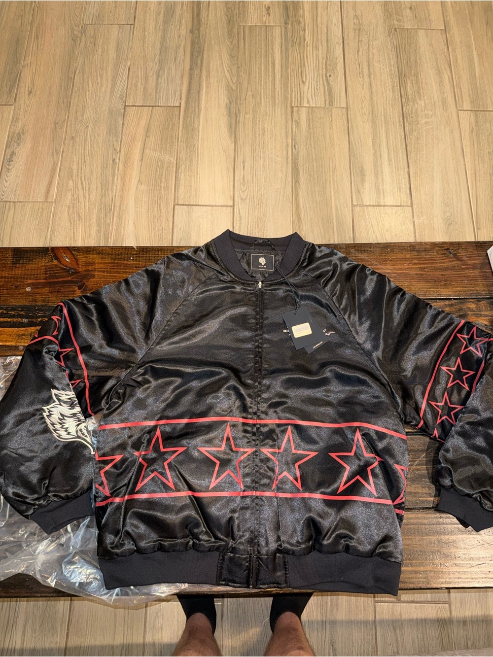 Men's Black Satin Bomber Jacket with Red Star Trim